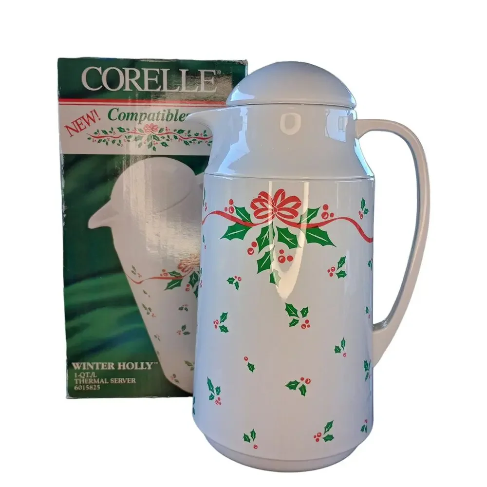 VTG 1992 Corelle Compatibles Winter Holly 1 Quart Thermal Server Coffee Carafe